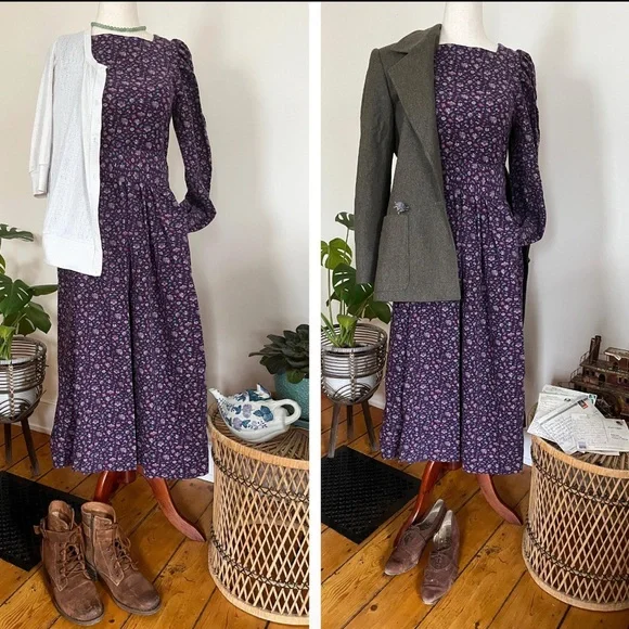 Vintage 80s Laura Ashley Prairie Needlecord Cottagecore Puff Shoulder Dress - Picture 10 of 11